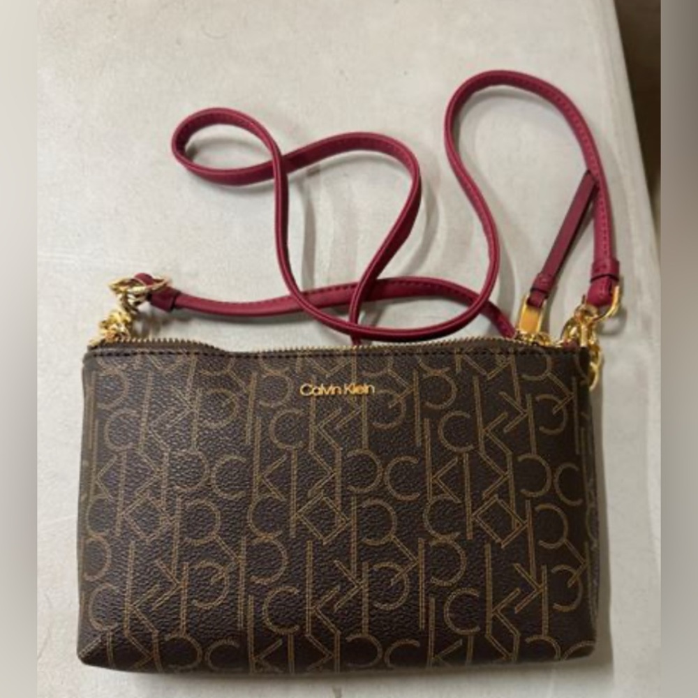 Calvin Klein Hayden Signature Chain Strap Crossbody in Pink and Brown